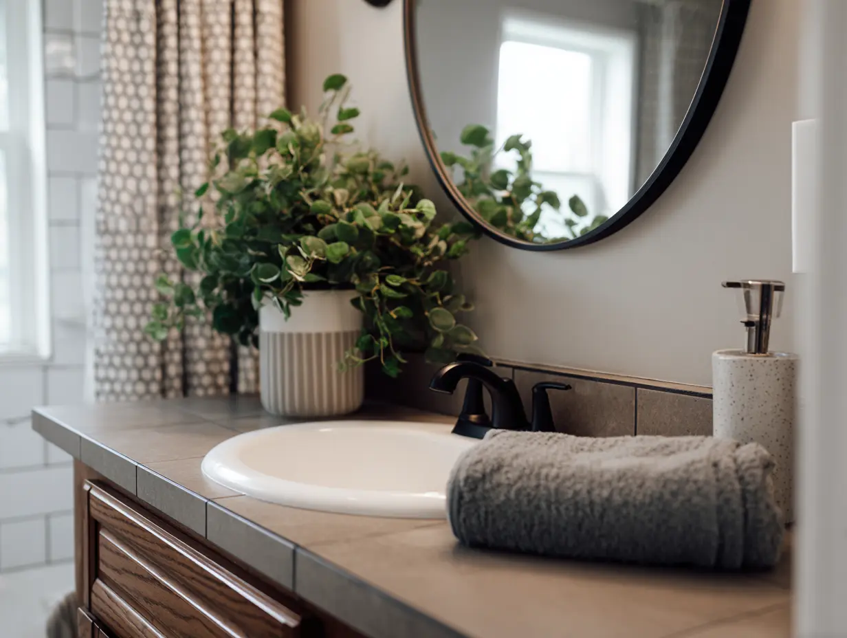 Mobile home bathroom makeover with a round wall mirror, modern hardware, and greenery creating a bright spa-like update.