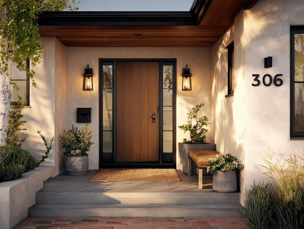 Front yard decor ideas with bold address numbers, a painted front door, and a layered doormat for added visual interest