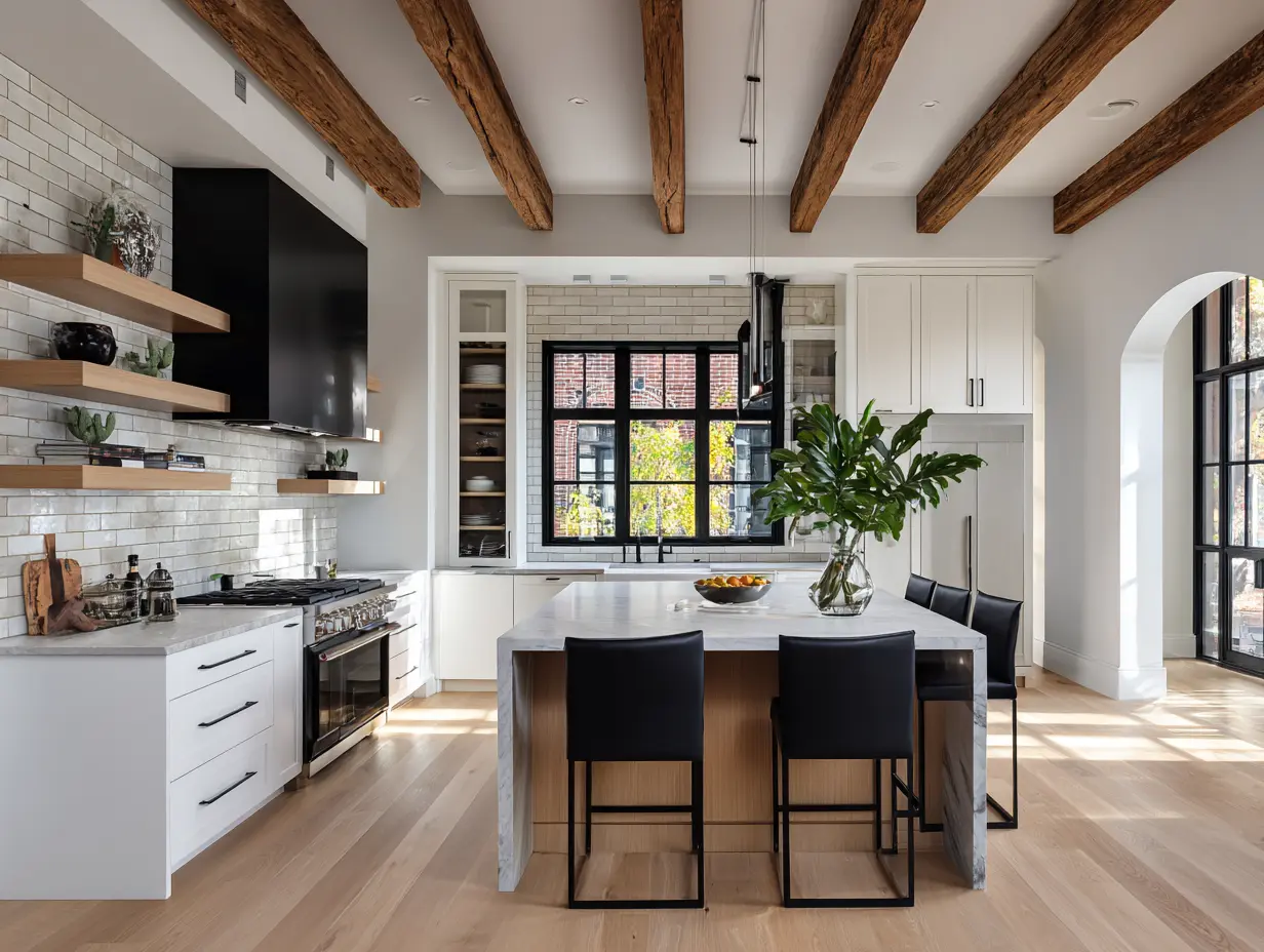 Vibrant modern kitchen with white cabinets, exposed wood beams, matte black accents, and warm natural light highlighting lived-in character and colorful details.