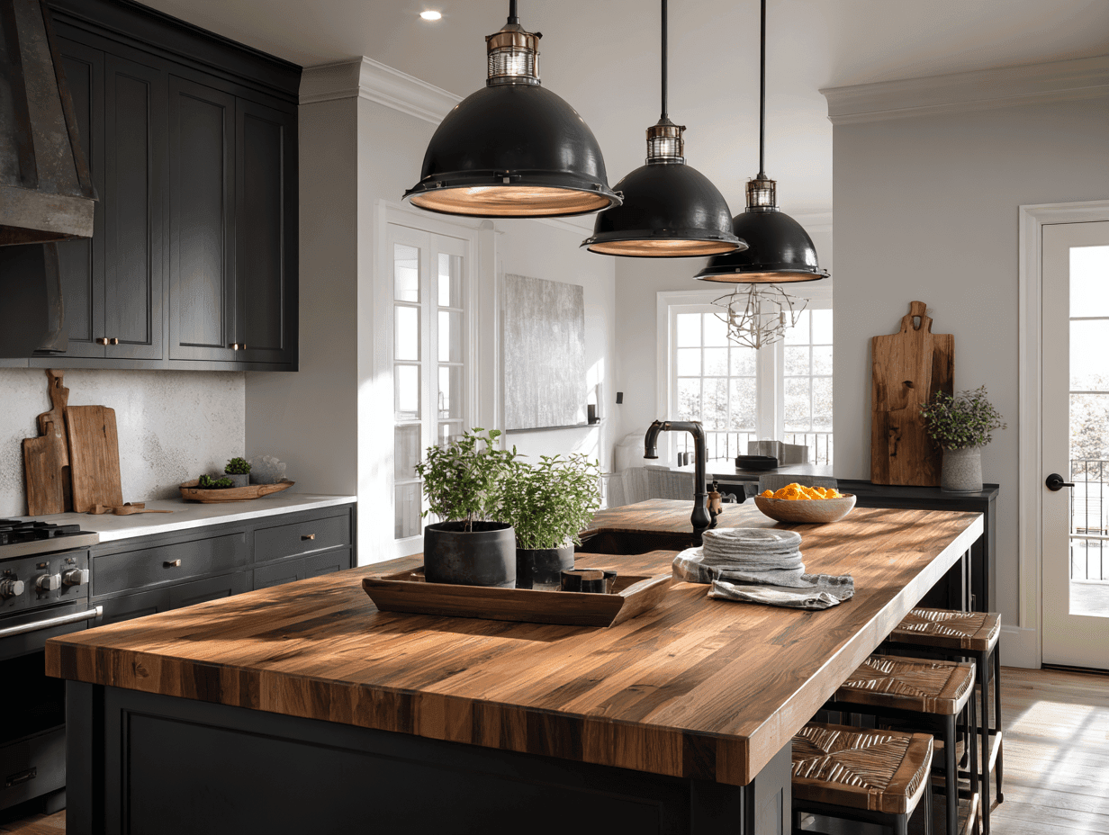 Modern farmhouse kitchen island in deep green with pendant lights and butcher block countertop