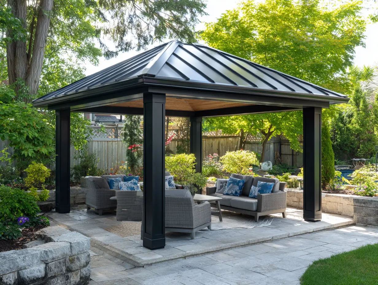 Modern hardtop gazebo with black metal roof and aluminum frame on stone patio with gray outdoor furniture in landscaped backyard.