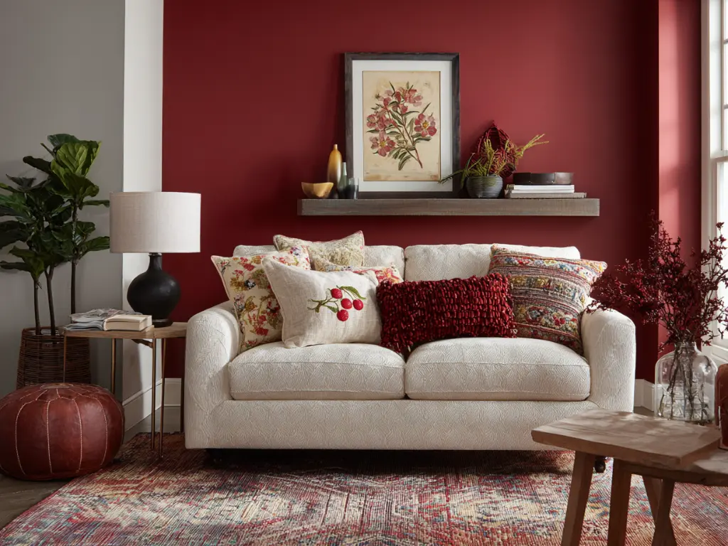 Modern living room with a deep cherry red accent wall, cream sofa layered with embroidered cherry and patterned pillows, textured rug, and bold floral accents for a vibrant, cozy-chic vibe.