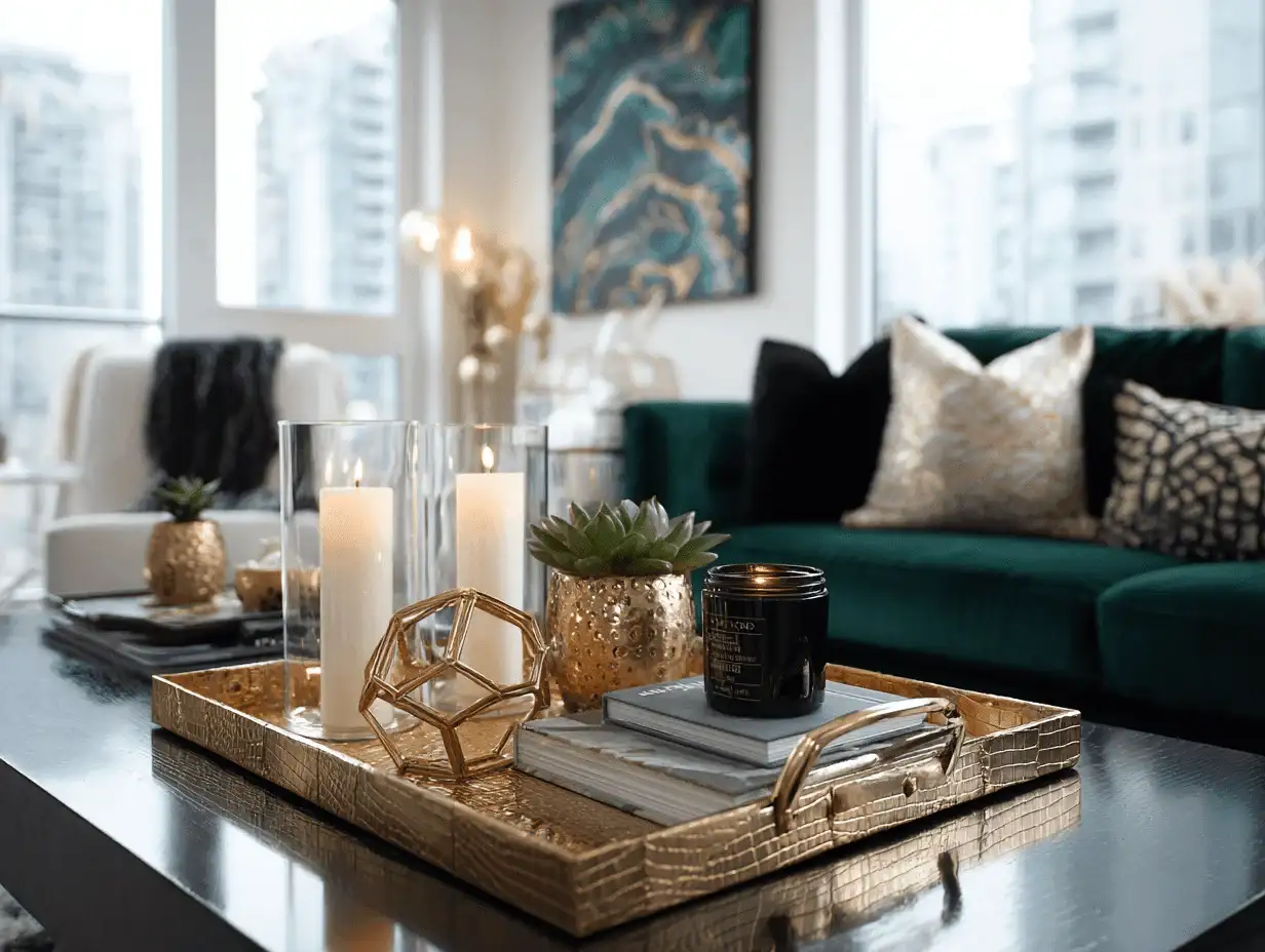 Gold decorative tray styled on a coffee table with books and candles with a green couch in the background.
