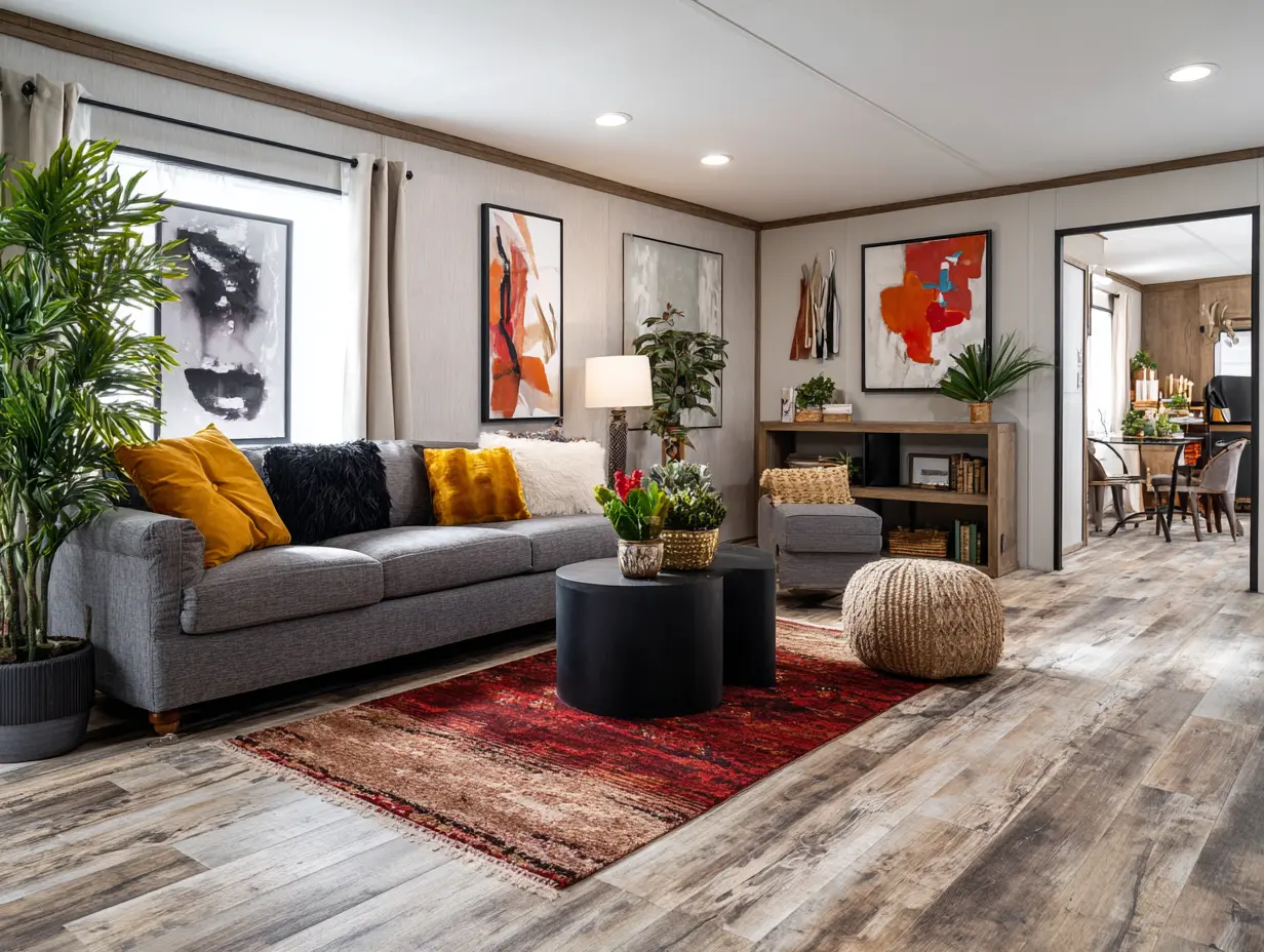 Modern mobile home living room with freshly installed peel-and-stick vinyl plank flooring in warm wood tones, bright and polished design.