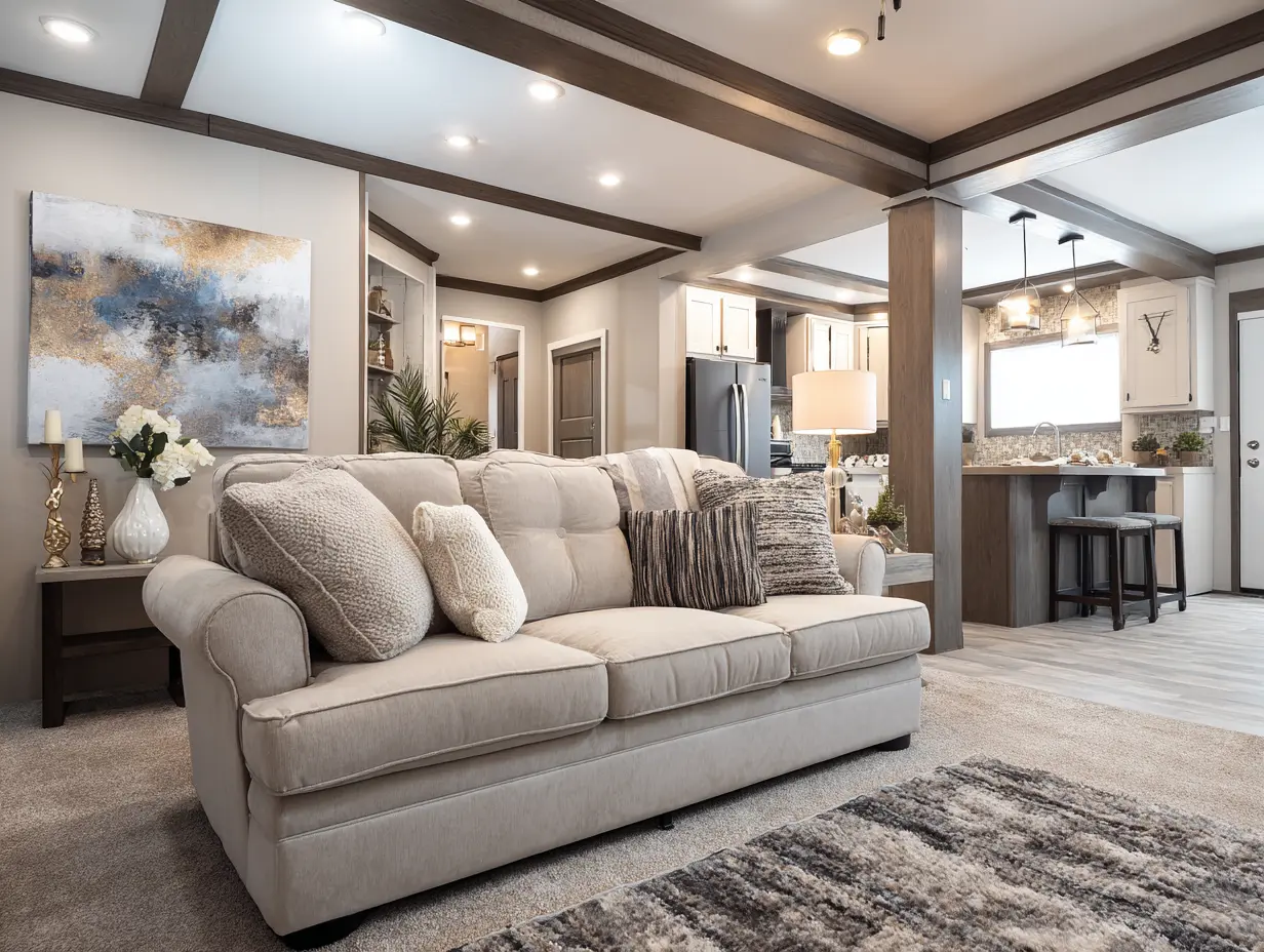 Mobile home living room with a convertible loveseat and open furniture placement, styled using small room layout ideas to maximize space.
