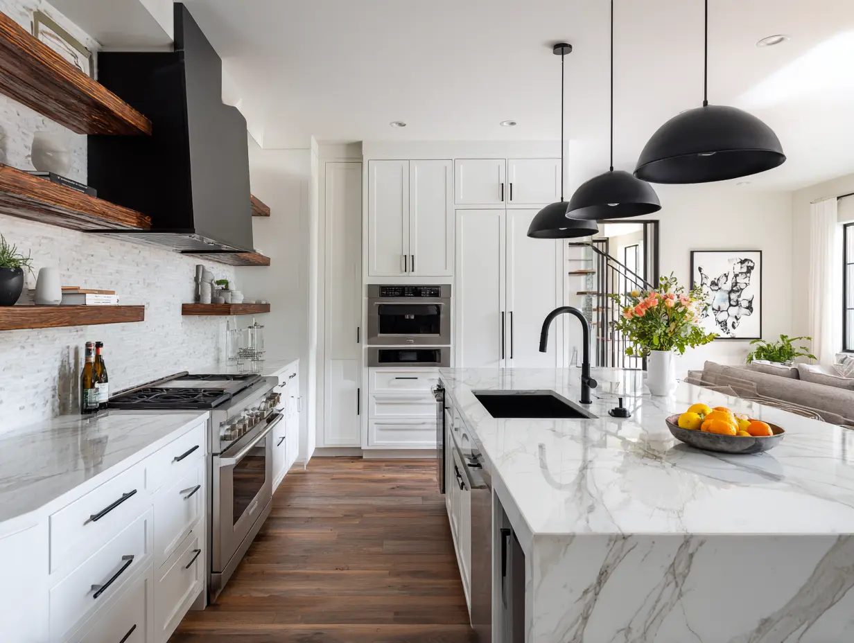 Bold modern kitchen with crisp white shaker cabinets, open wood shelves, black hardware, marble island with matte black faucet, and vibrant color accents under bright natural light.