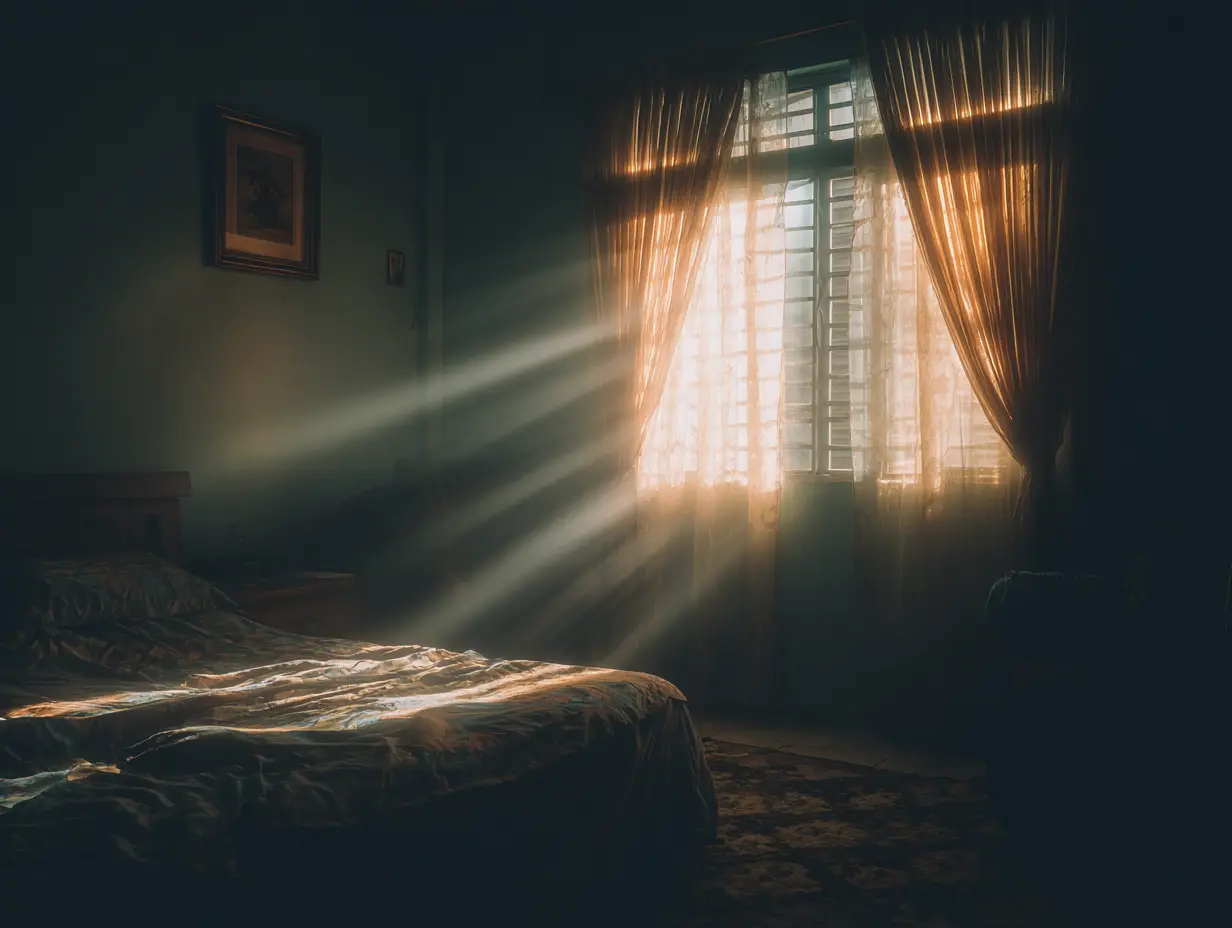 An empty bedroom bathed in soft morning light, symbolizing quiet and reflection.