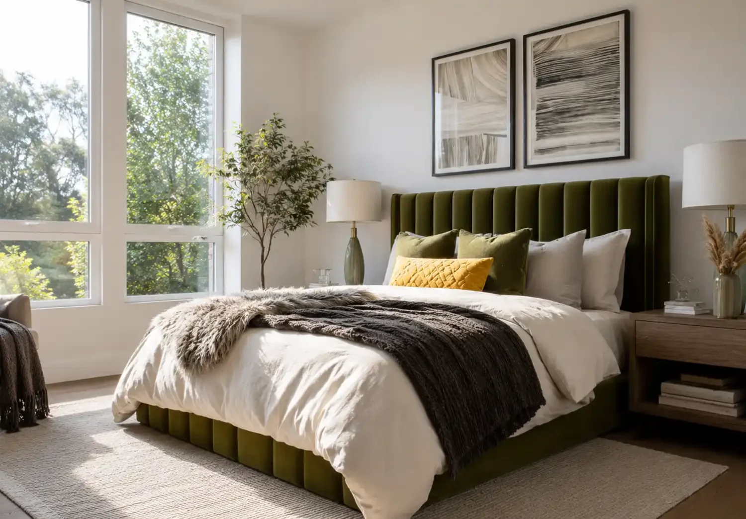 Modern bedroom with an olive velvet headboard showing how a statement headboard adds drama, texture, and presence.