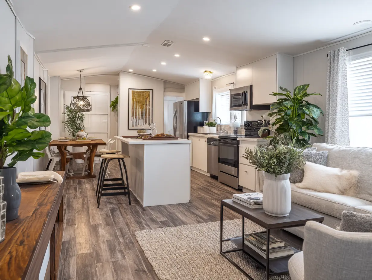 Bright modern mobile home kitchen and living area with fresh paint, smooth flooring, and updated cabinets, styled to show simple makeover solutions.