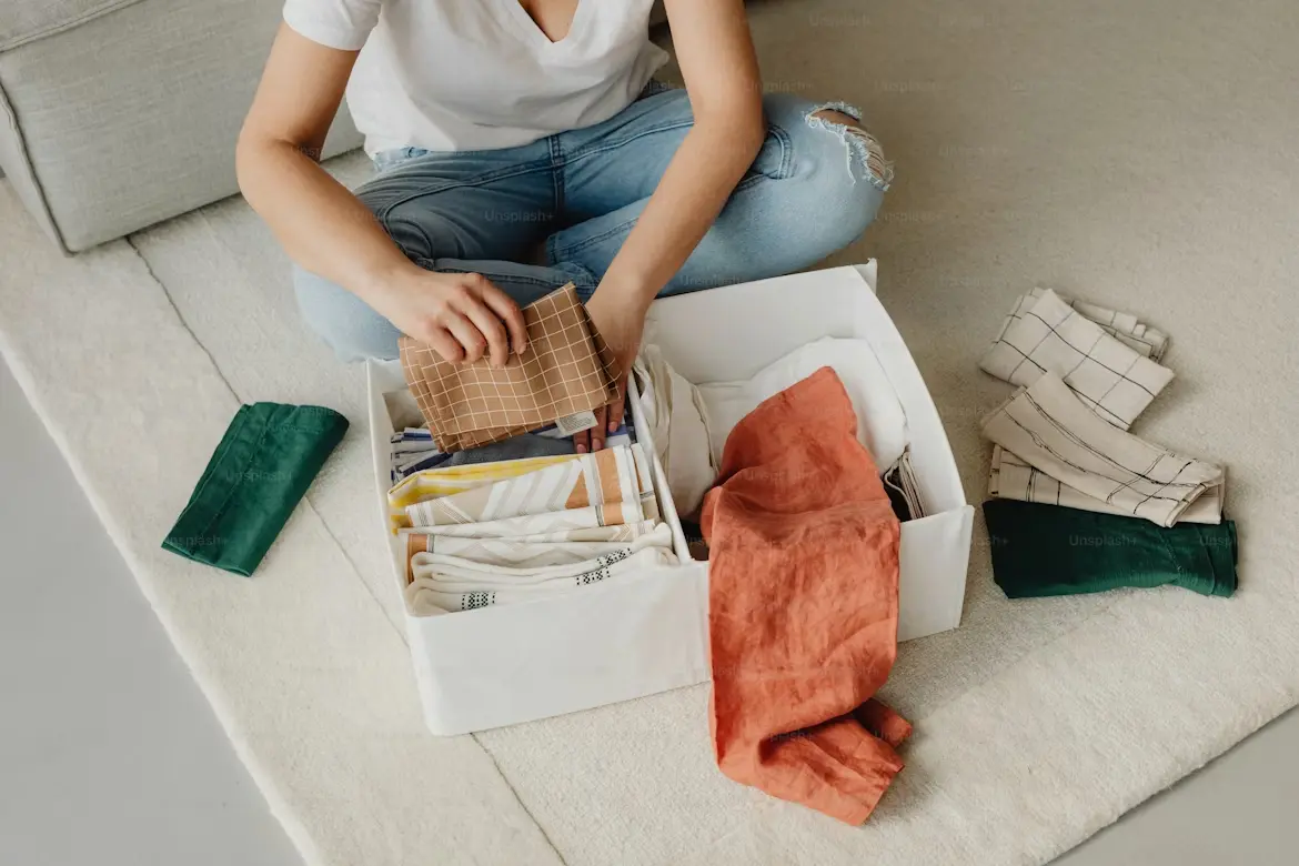 Woman sorting and folding colorful linens into a white storage box while organizing at home.