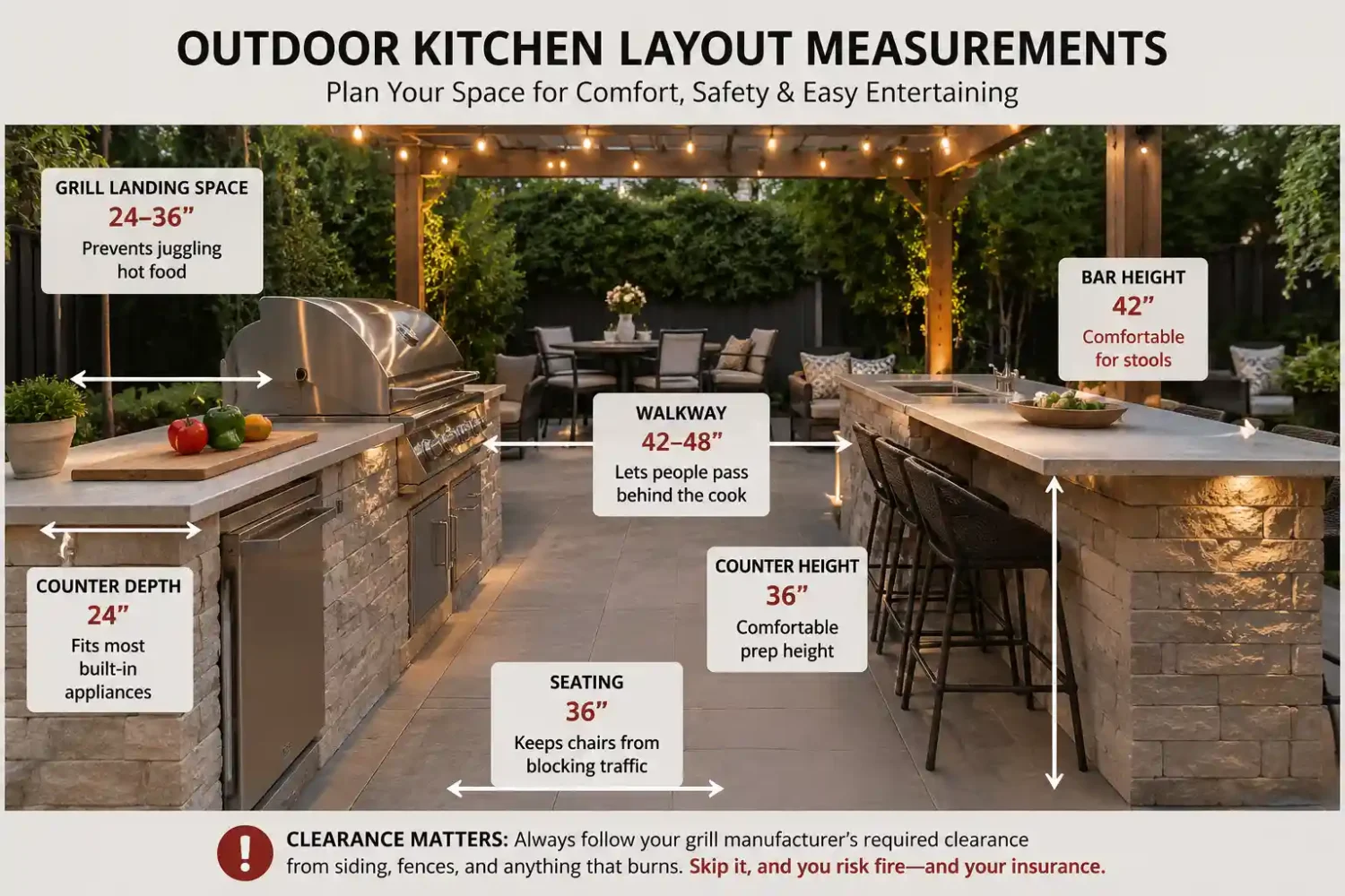 Outdoor kitchen layout measurements with recommended spacing for grill landing space, walkways, counters, bar seating, and outdoor kitchen planning.
