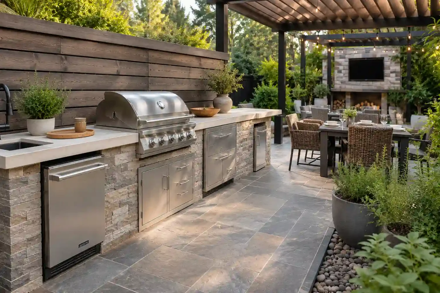 Well-designed backyard outdoor kitchen featuring a built-in grill, stone countertops, pergola, outdoor dining area, and spacious layout for entertaining.