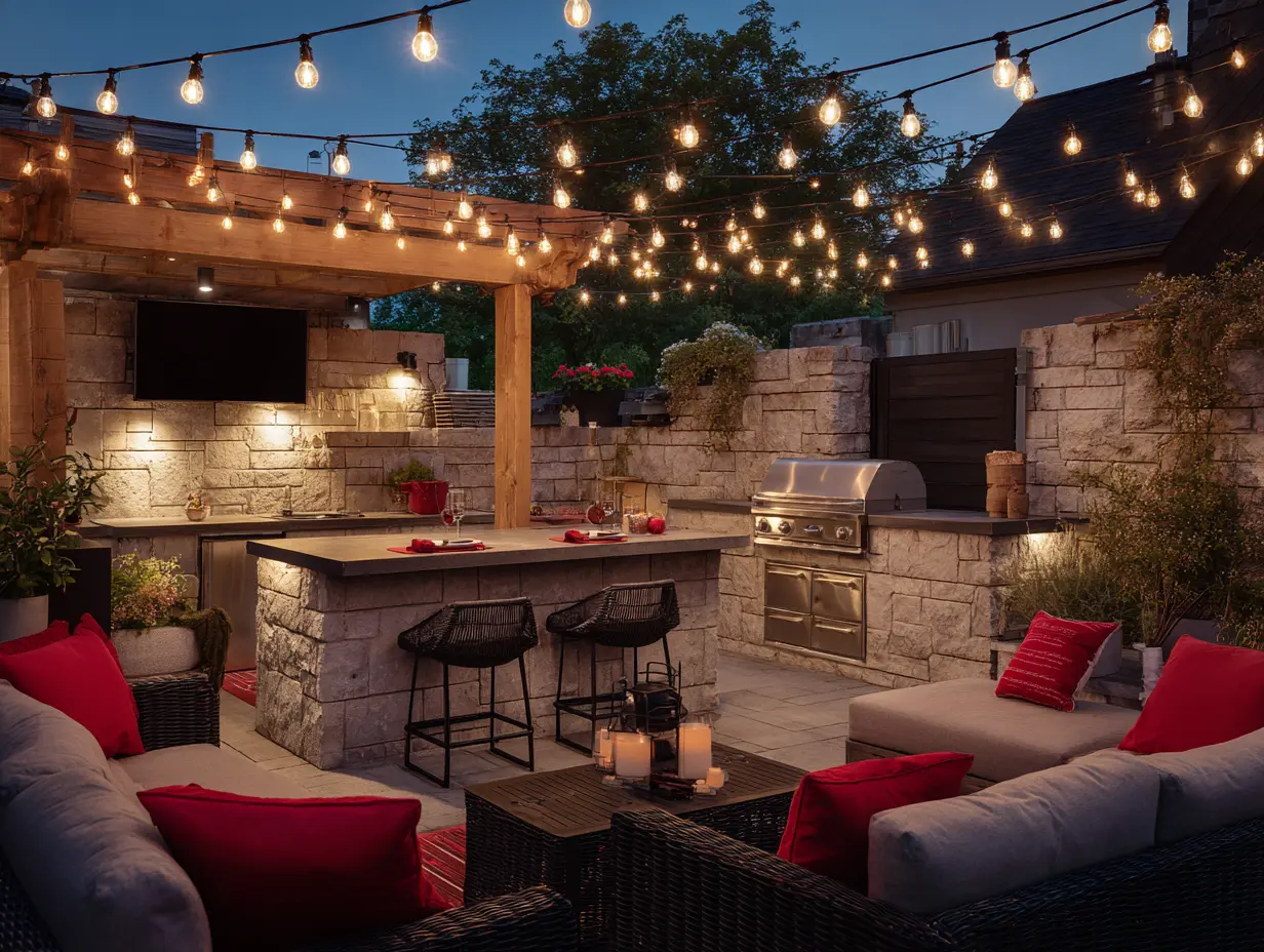 Backyard outdoor kitchen with grill, string lights, and cozy seating area, creating a warm and inviting evening atmosphere.