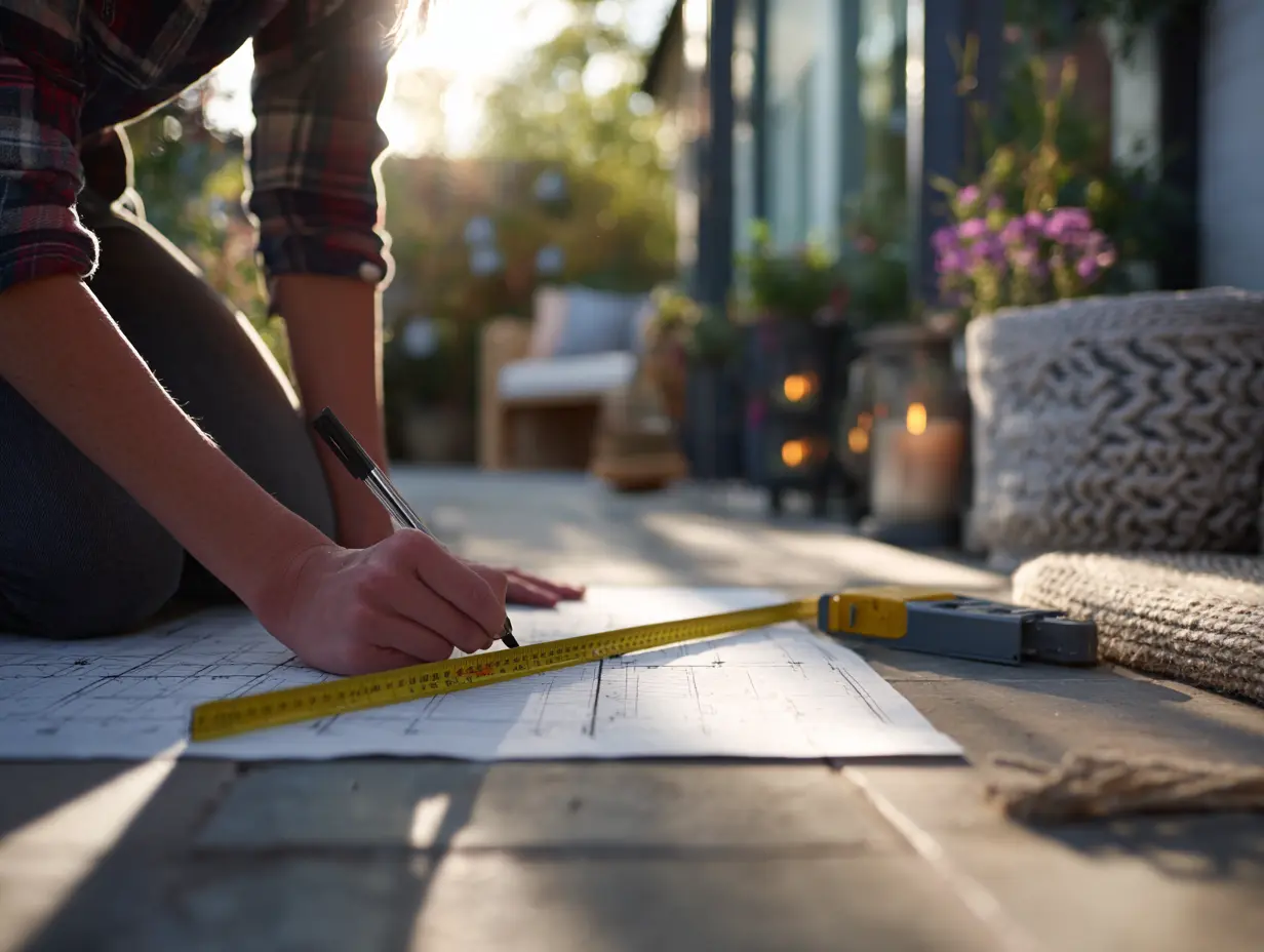 Person using a tape measure to map a narrow townhouse patio, marking utilities and sketching a scaled plan to design a functional small outdoor space.