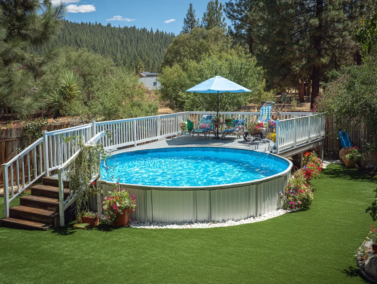 A round above ground pool with a wraparound deck set in a lush backyard, featuring bright blue water, white railing, outdoor seating with an umbrella, and a landscaped yard surrounded by trees and mountains for a relaxed, resort-style outdoor living vibe.