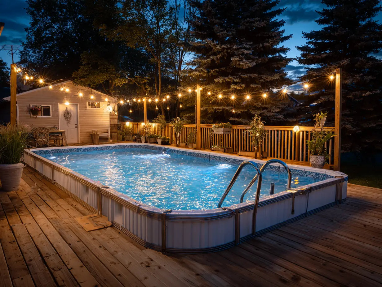 An above ground pool with raised sides built into a wooden deck, glowing at night with warm string lights, calm blue water, surrounding trees, and a cozy backyard setting that feels intimate, inviting, and resort-inspired.