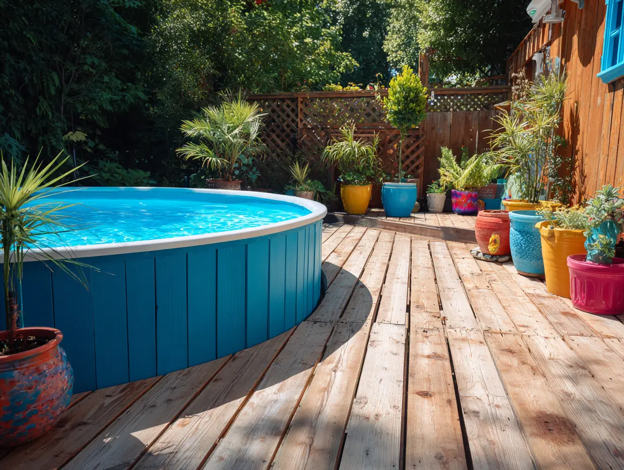 A bright blue above ground pool set into a wooden deck, surrounded by colorful potted plants, lush greenery, and sunlit backyard details that create a cheerful, tropical-inspired pool oasis with a relaxed, lived-in outdoor feel.