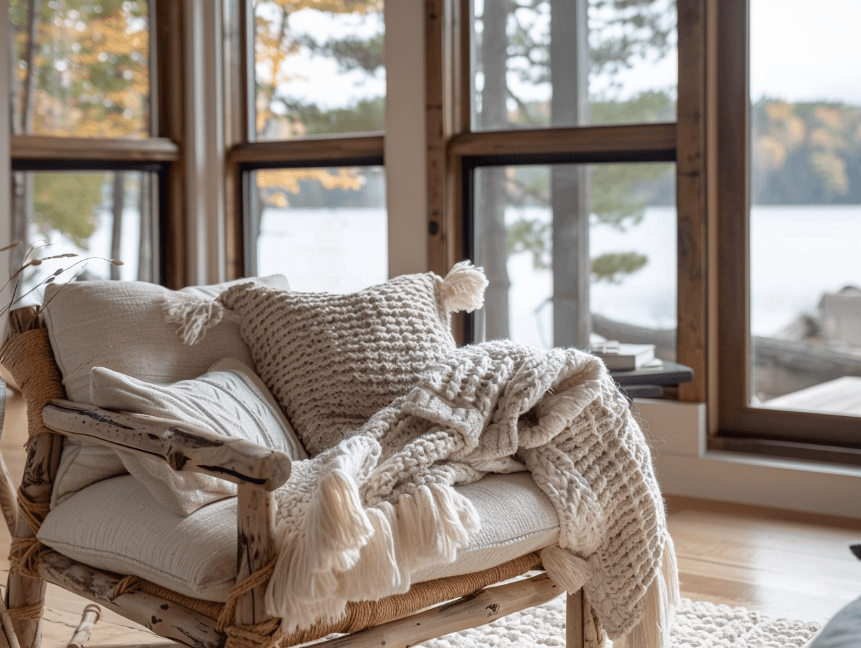 lake house decorating ideas with a Chunky knit throw blanket draped over rustic wood chair in lake house living room