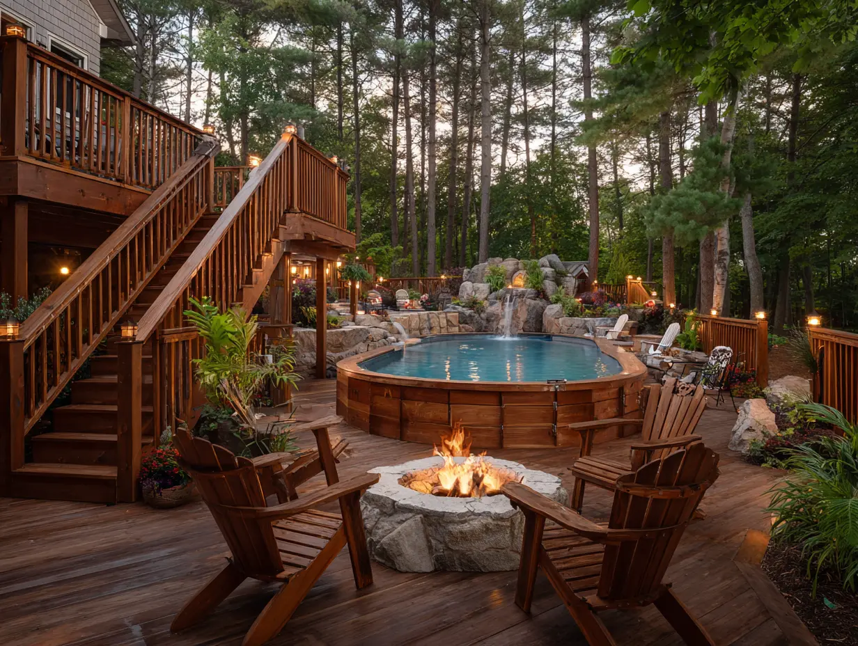 Wood pool deck surrounding semi inground pool with rustic cedar materials, stone fire pit, waterfall feature, and evening ambiance.