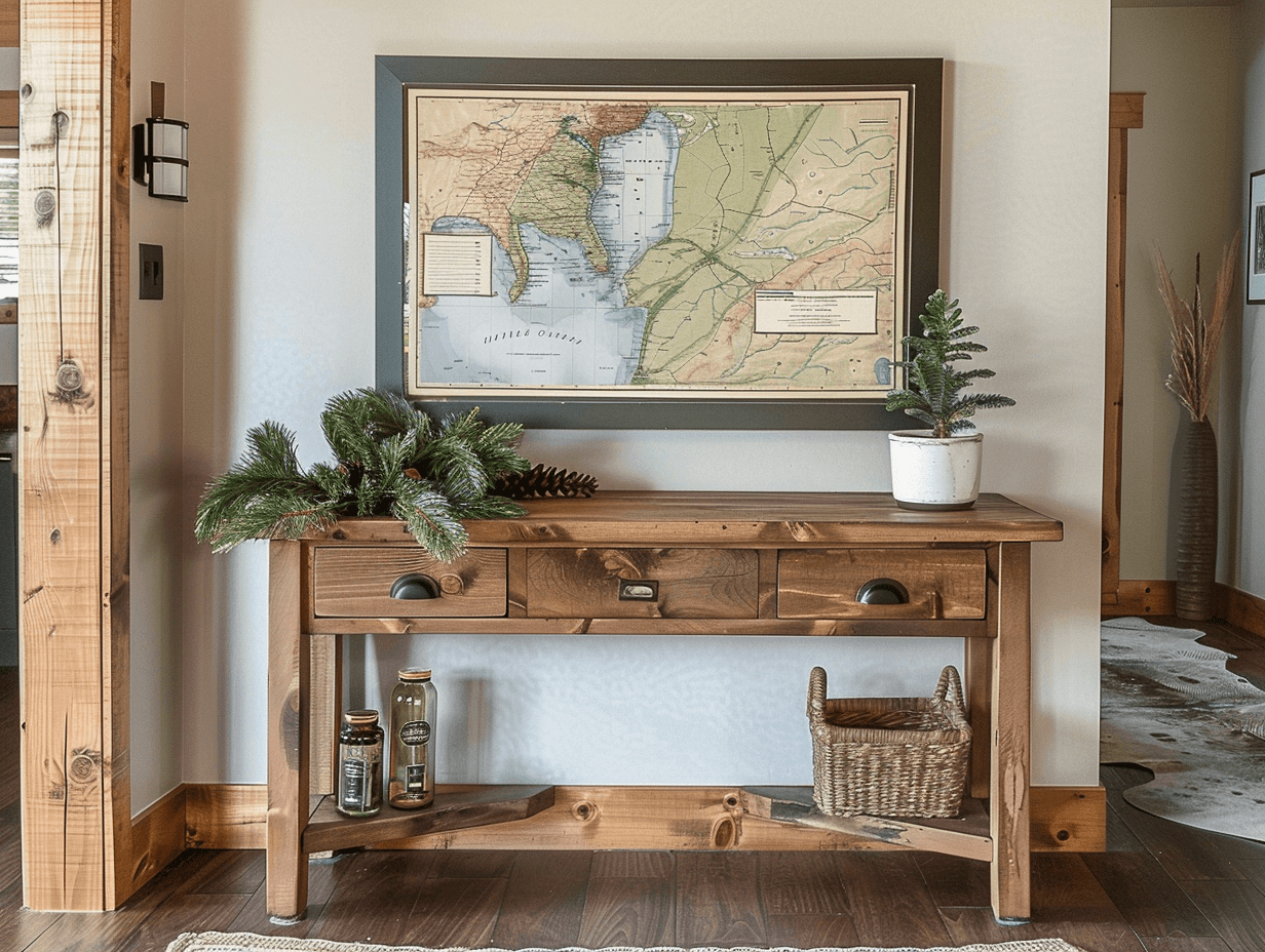 Custom lake map wall art in rustic frame above wooden console table