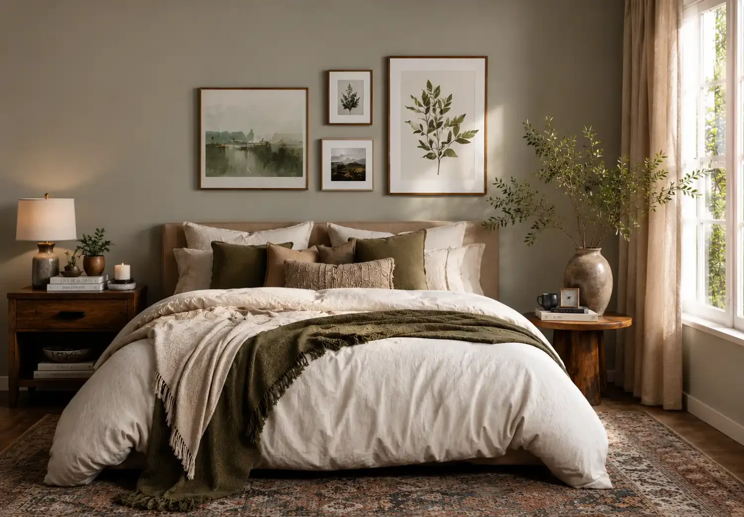 Cozy bedroom with peaceful wall art, layered bedding and plants. 