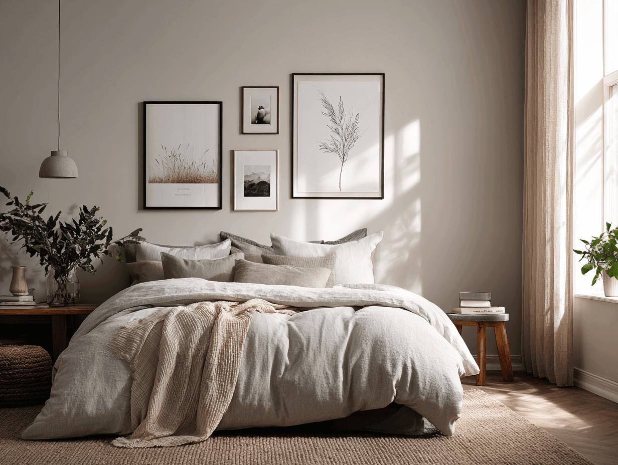 Cozy bedroom with peaceful wall art, layered bedding and plants. 