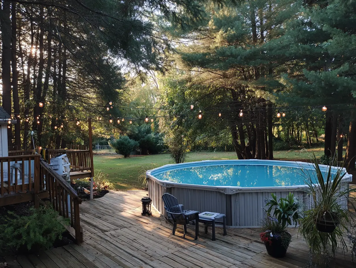 A semi above ground pool connected to a wooden deck in a wooded backyard, featuring string lights, simple seating, and natural landscaping that creates a calm, lived-in outdoor space blending swimming and everyday relaxation.