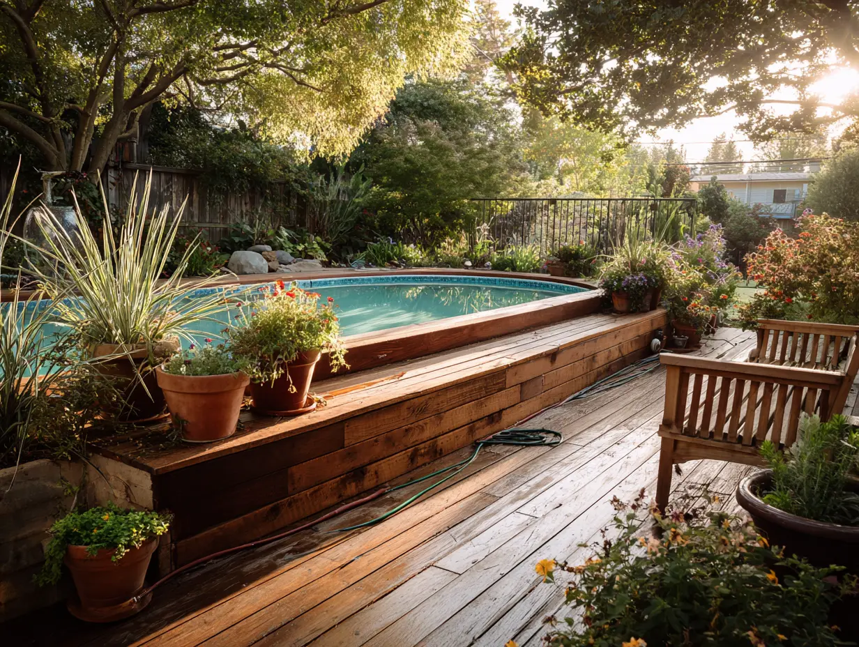 A semi in ground pool integrated into a raised wooden deck, surrounded by lush landscaping, potted plants, and mature trees, with warm sunlight filtering through the canopy to create a serene, garden-style backyard retreat that feels natural, cozy, and thoughtfully designed.