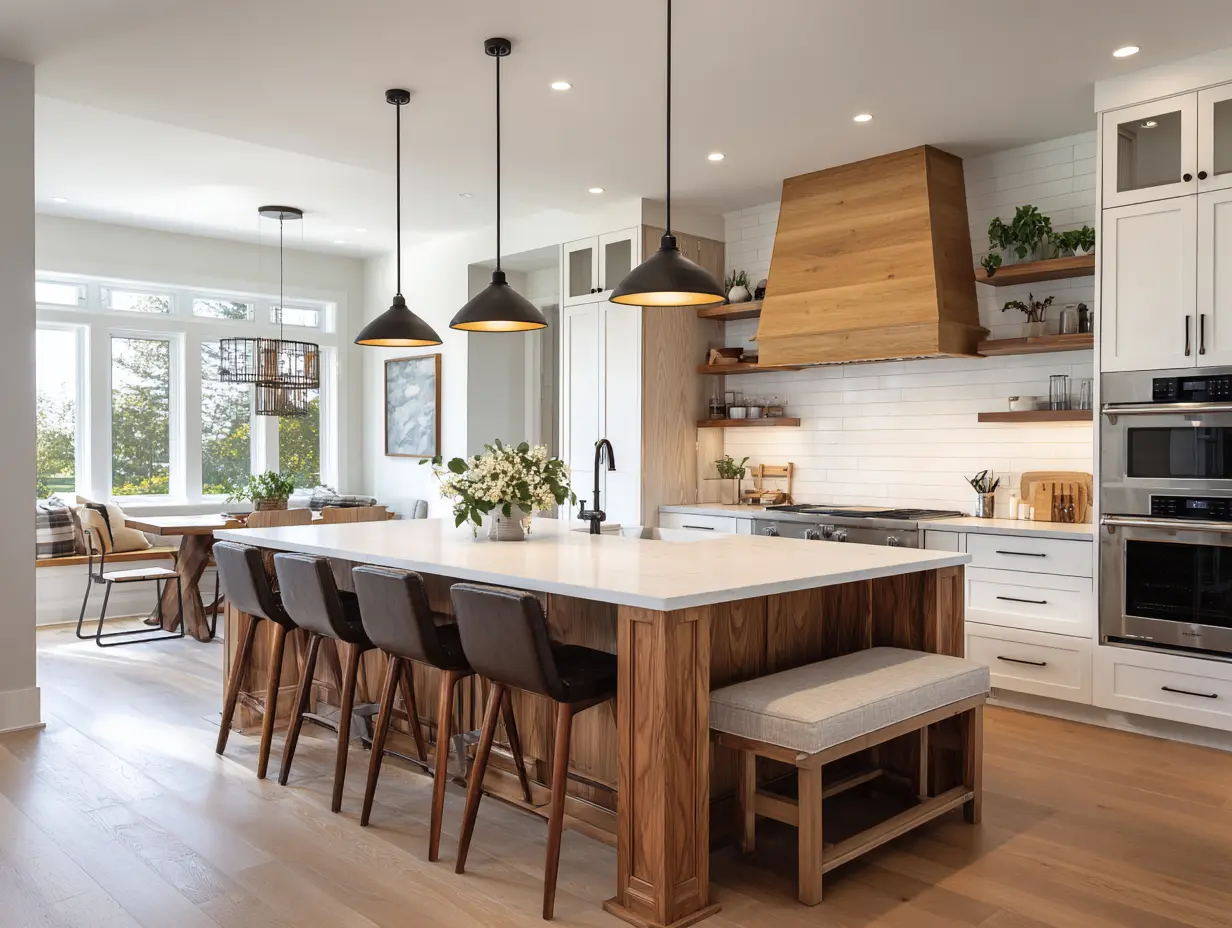 Modern farmhouse kitchen with a large wood island, white quartz countertops, black pendant lights, shiplap backsplash, custom wood range hood, floating shelves, built-in double ovens, and open dining area filled with natural light.