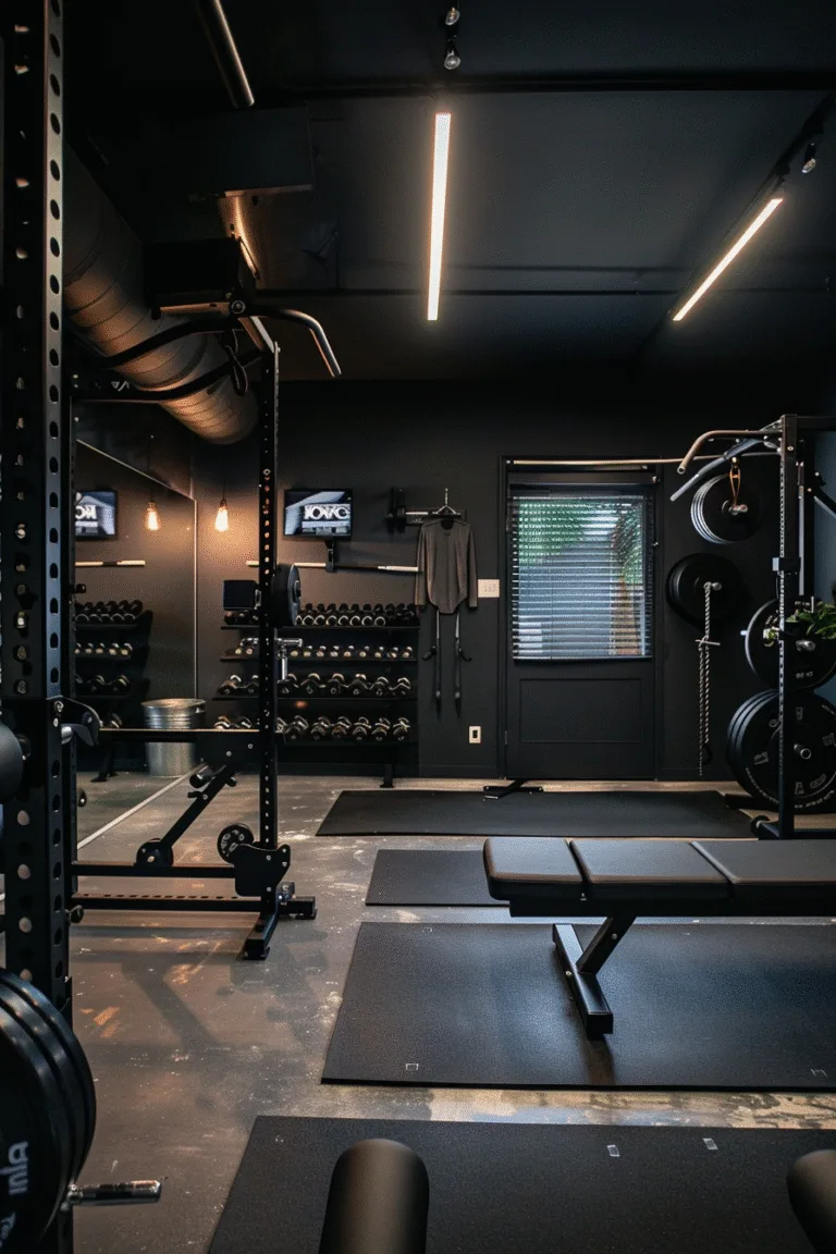 Black garage gym ideas showcasing sleek design and organized equipment - create your badass home gym space