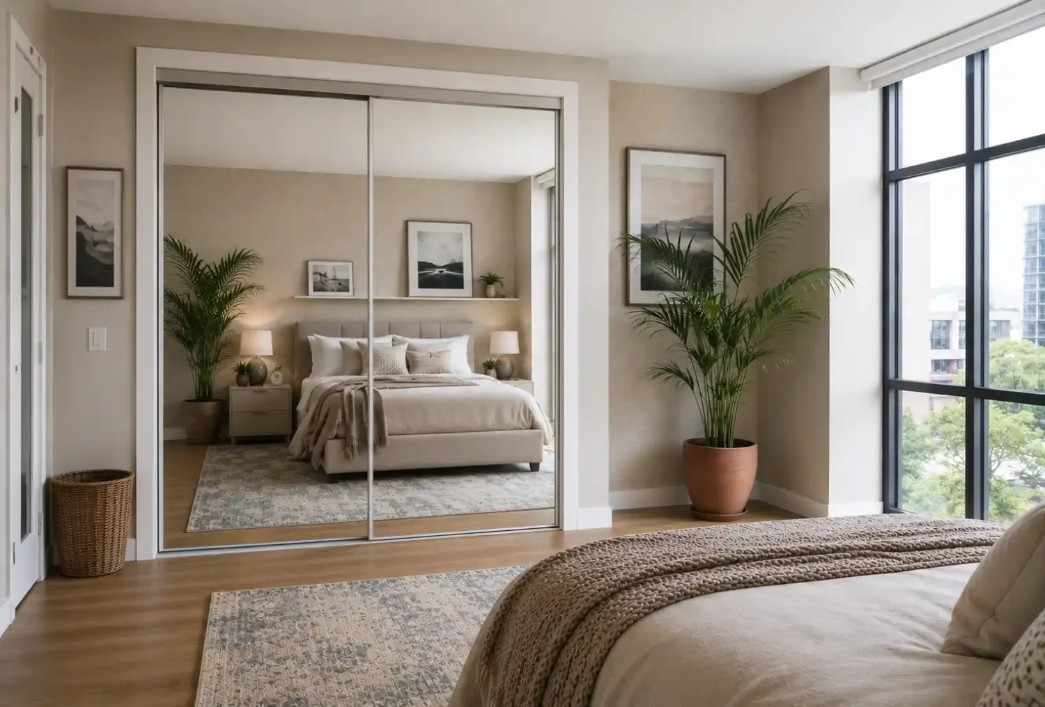 Bedroom with white-framed mirror sliding closet doors reflecting natural light, showing how mirror sliding closet doors add space and hotel-level style.