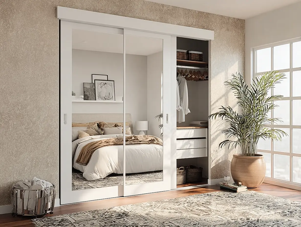 Bedroom with white-framed mirror sliding closet doors reflecting natural light, showing how mirror sliding closet doors add space and hotel-level style.