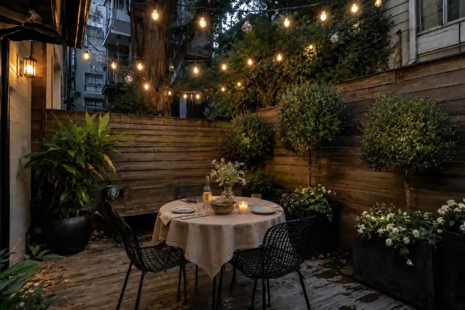 A cozy small backyard patio with string lights, a round table set for dinner, black wire chairs, and lush potted plants against wooden fencing.