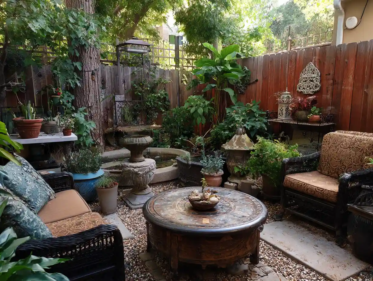 Overcrowded small backyard filled with too many plants, fountains, seating areas, and decorative items creating a cluttered, cramped outdoor space that demonstrates common small backyard design mistakes.