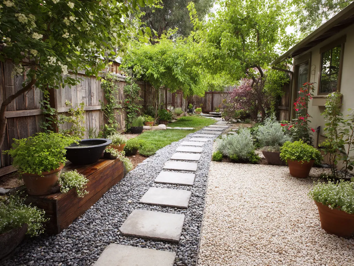 Small backyard no grass design with gravel and stepping stone pathway, mixed textures of dark river rock and light pea gravel, potted plants and low maintenance landscaping.