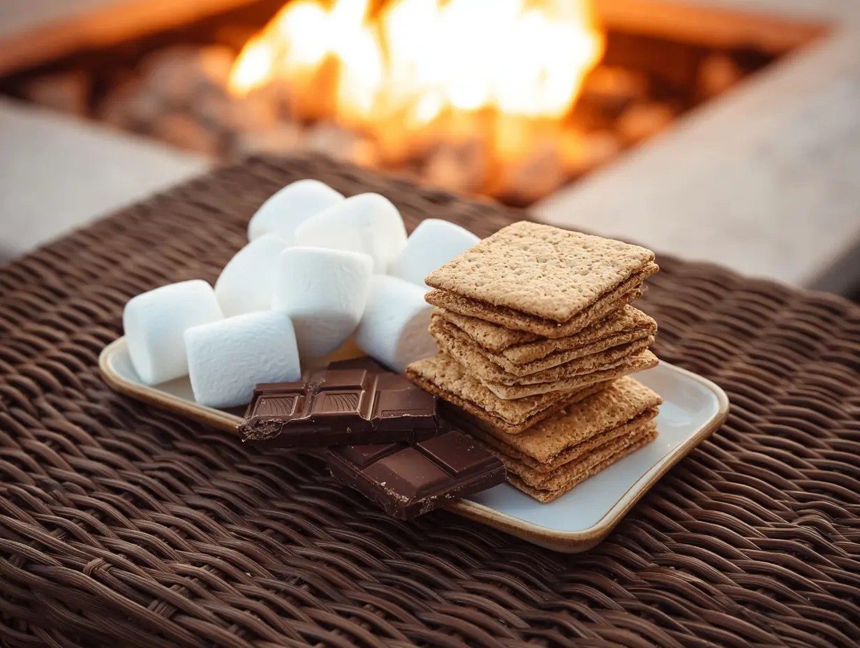 Fire pit snack station with a tray of s’mores supplies on a rattan side table, marshmallows ready to roast by the glowing flames.