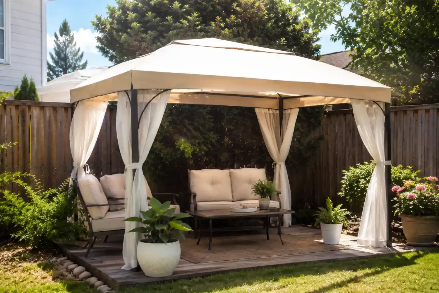 Soft top gazebo ideas with cream canopy, sheer white curtains, and neutral outdoor seating on a wood deck in a real backyard on a sunny summer day.