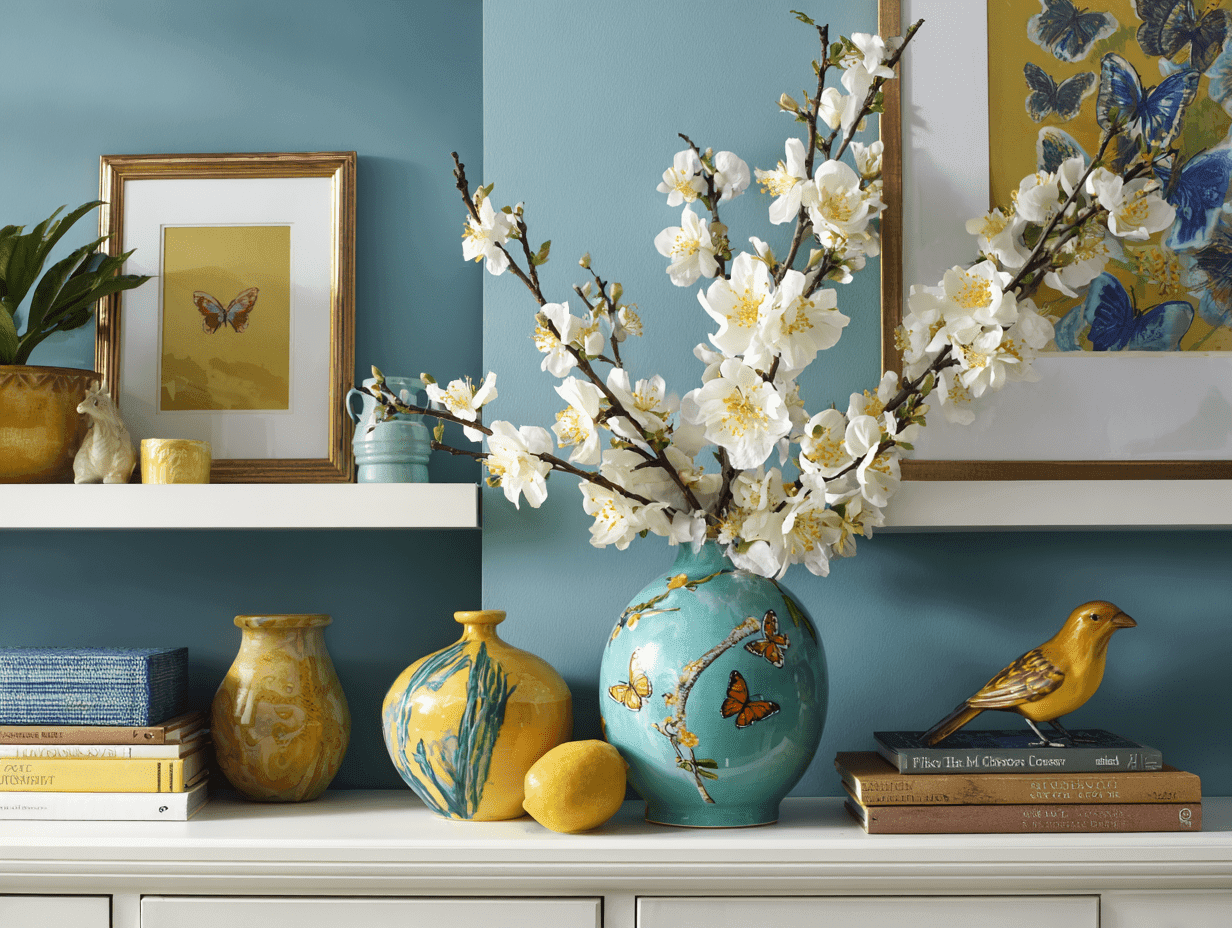 Home staging tips: Mixed high and low home accents on a shelf: marble tray, thrifted books, ceramic bowl, and minimalist vase