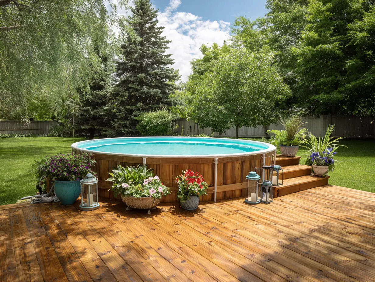 A round above ground pool surrounded by a stained wooden deck, lush green lawn, mature trees, and potted flowers, creating a peaceful backyard retreat that feels natural, polished, and inviting for everyday outdoor living.
