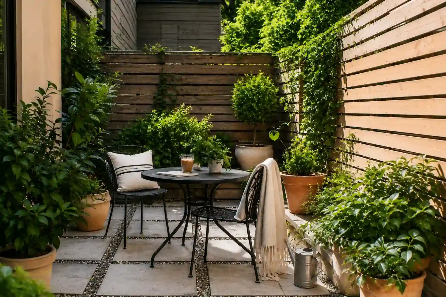 Small townhouse backyard ideas no grass with pavers gravel and container plants showing townhouse backyard landscaping that looks lush without a lawn.