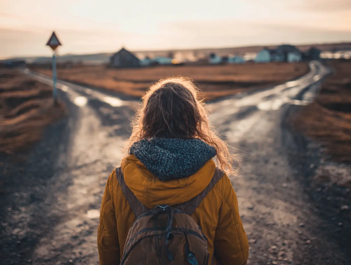 Woman standing at a fork in the road, back to the camera, wrestling with dreams and the fear of not knowing what to do next in life