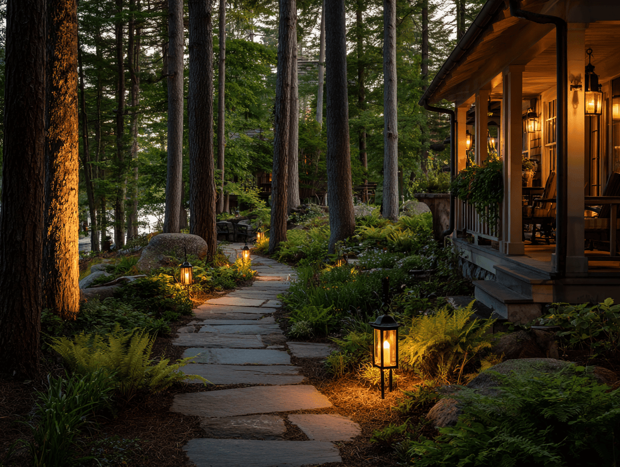 Front yard at dusk with path lights, uplighting on trees, and soft lantern glow around a front porch for added ambiance and security