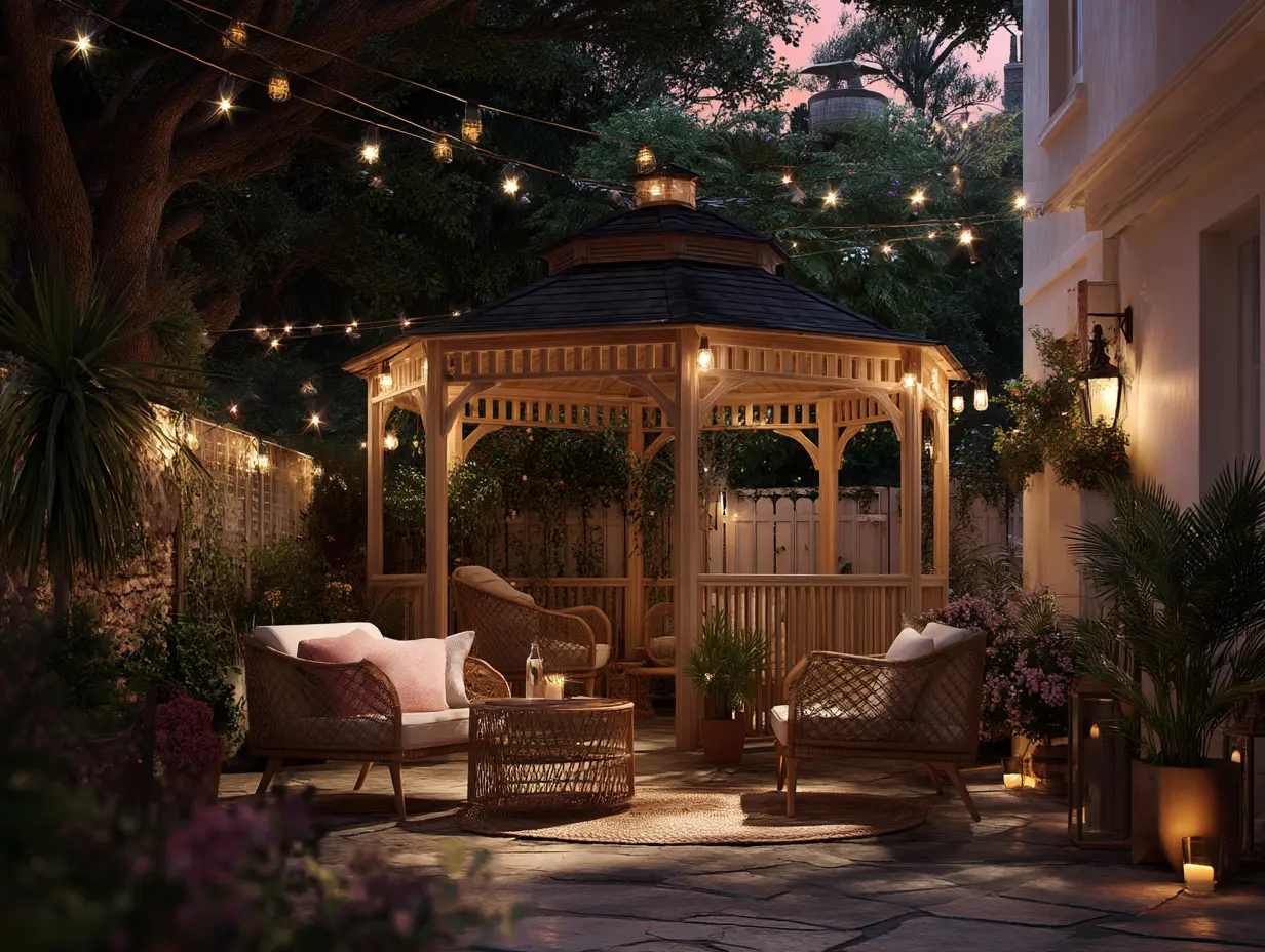 Glowing gazebo with solar string lights and rattan furniture under a twilight sky