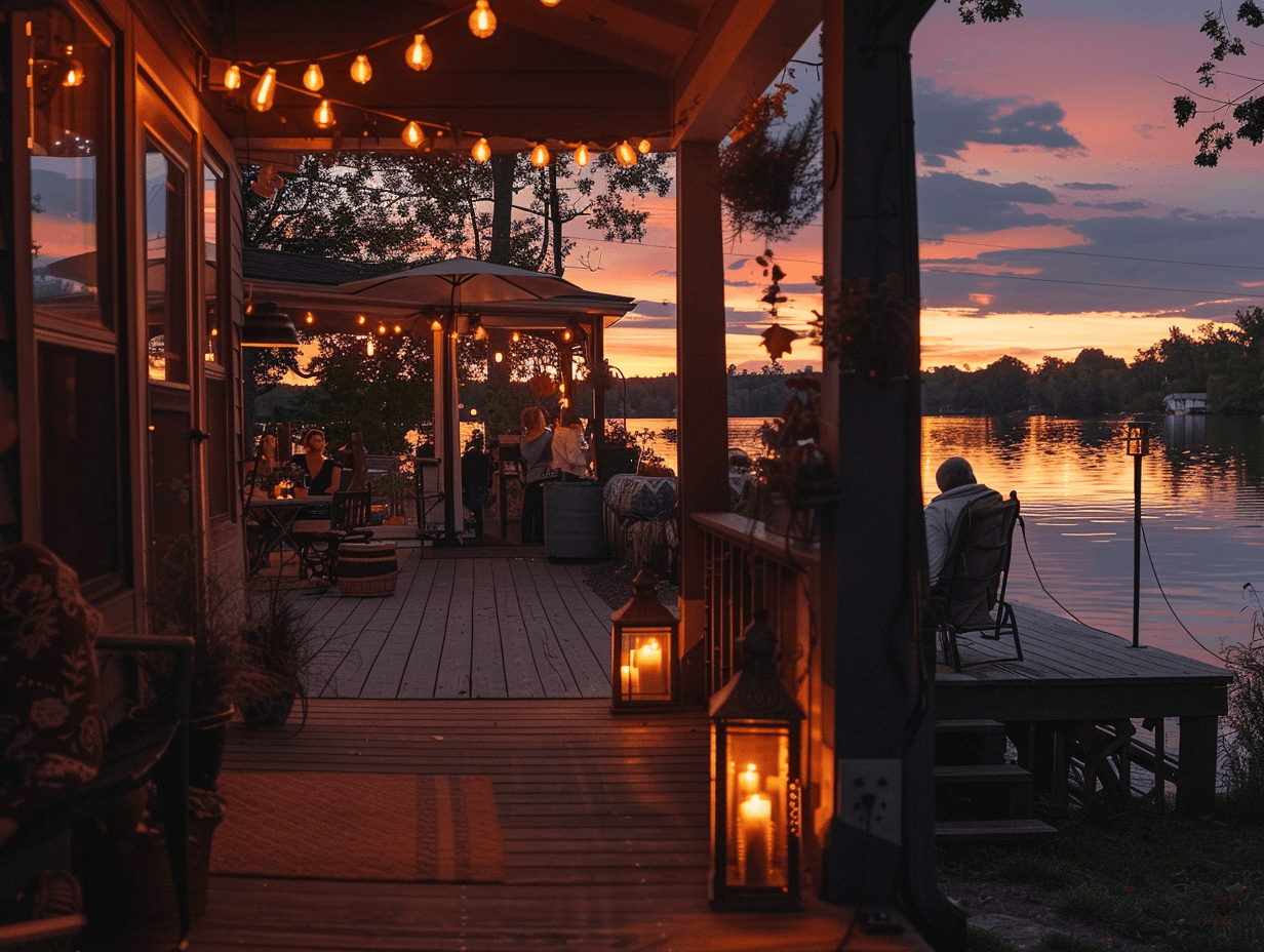 Battery powered lanterns creating warm lighting on lake house porch at sunset
