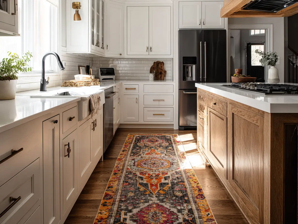 Farmhouse kitchen with vintage-style runner rug between white cabinets and island
