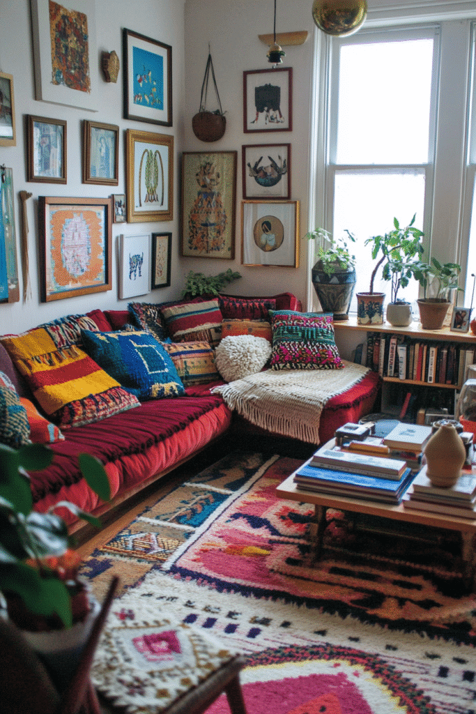 Maximalist cozy home with velvet textures and layered wall art – Pin this for design inspo!