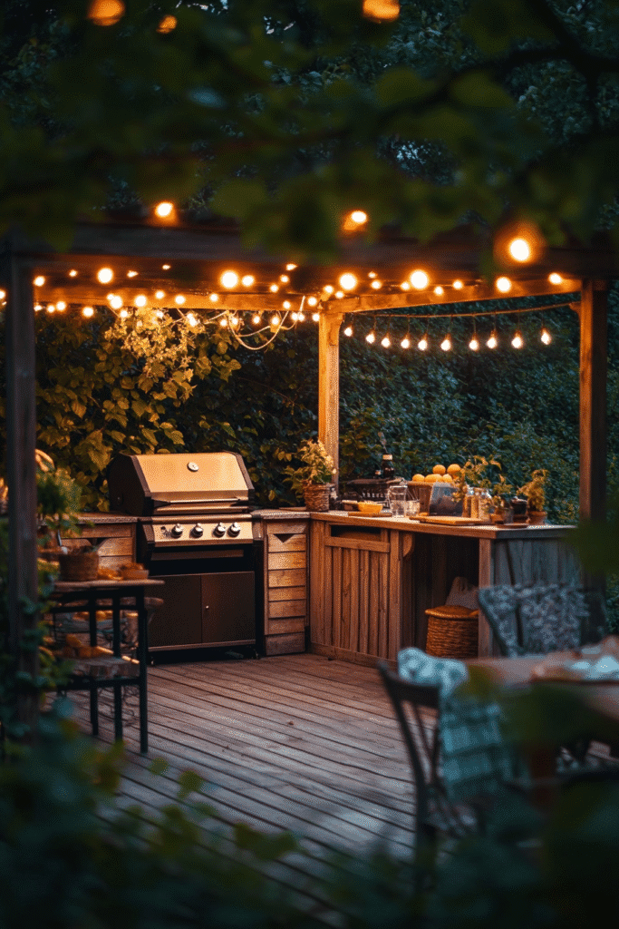 DIY backyard kitchen with rustic bar setup and outdoor cooking area – pin this cozy outdoor kitchen idea for a budget-friendly backyard glow-up!