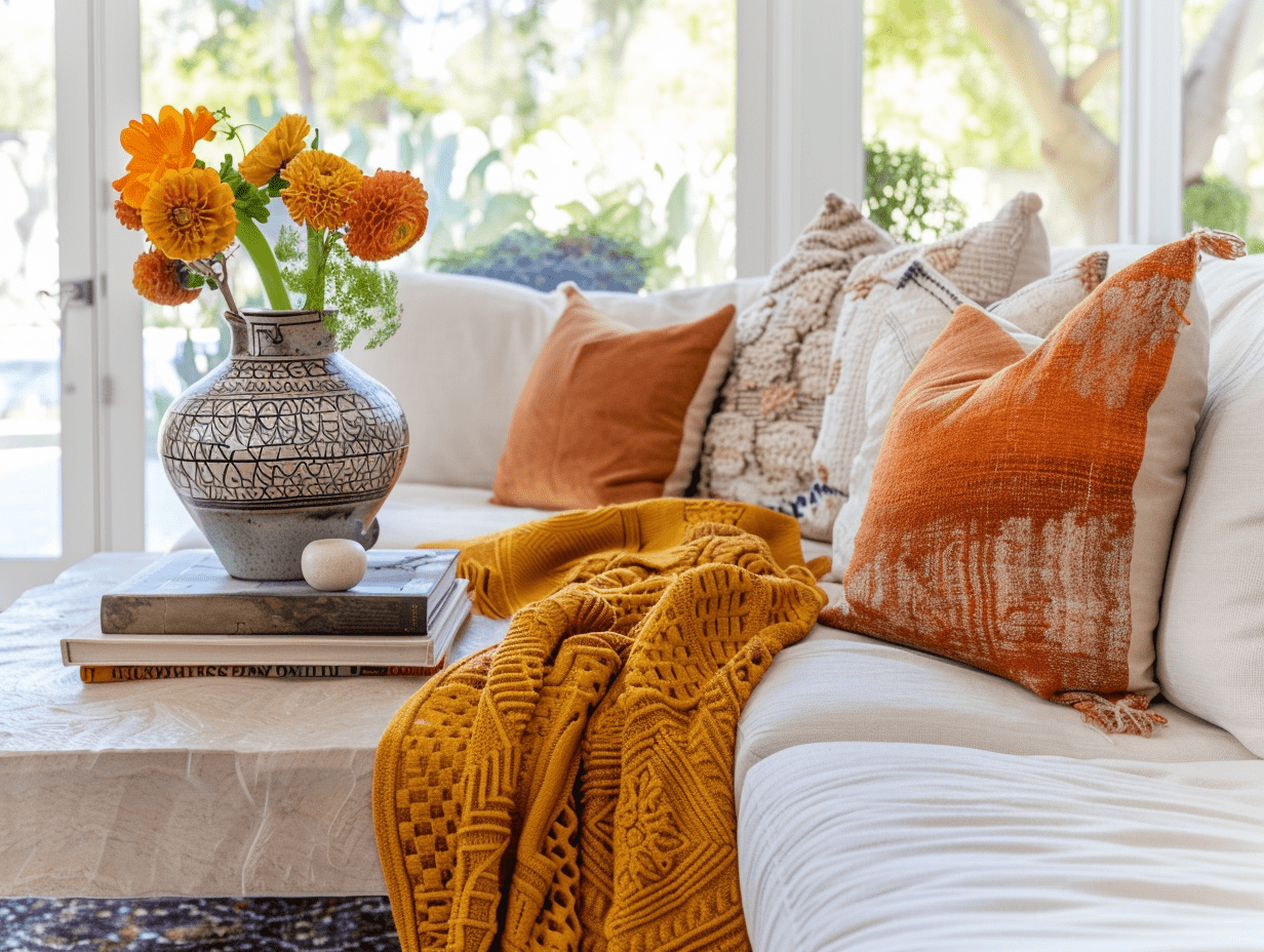 Cozy home decor with vibrant orange and mustard pillows, textured knit throw, and a ceramic vase of bright orange flowers on a marble coffee table.
