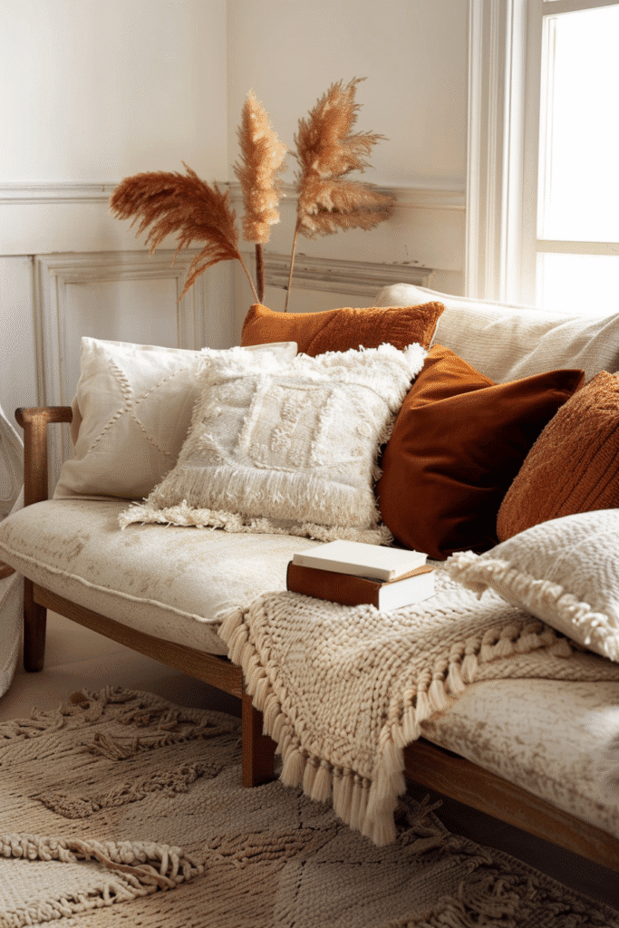 Home accents decor featuring layered pillows, warm lighting, and cozy textures – Pin this for a vibe reset.