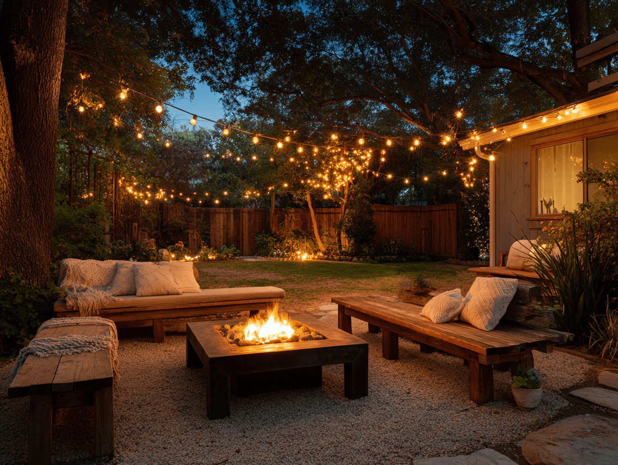 Backyard retreat ideas with cozy chairs, string lights overhead, and soft evening lighting — simple, serene, and deeply inviting